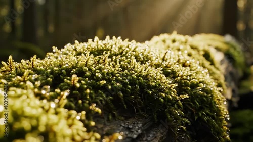 Sunlight filters through forest canopy illuminating lush green moss on a fallen log.