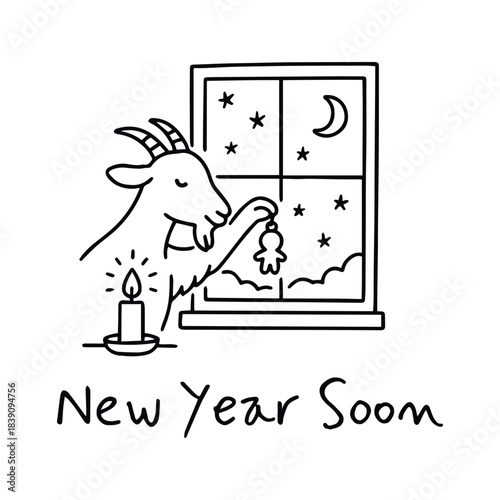 Goat gazing at stars with a gingerbread charm—New Year Soon in a hush of candlelit wonder and snowy hope, vector