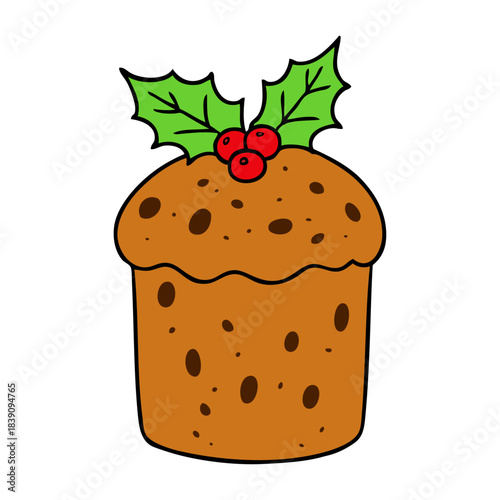 Dibujo sencillo con líneas de panettone con hojas y bayas de acebo para tarjetas y felicitaciones de Navidad