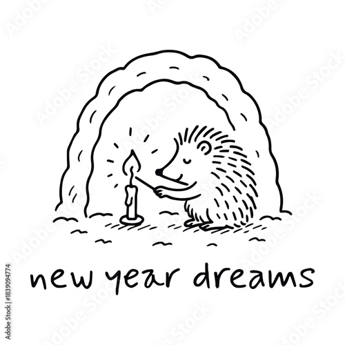 Hedgehog dreaming by candlelight in a snowy nook—new year dreams wrapped in hush and icy wonder, vector