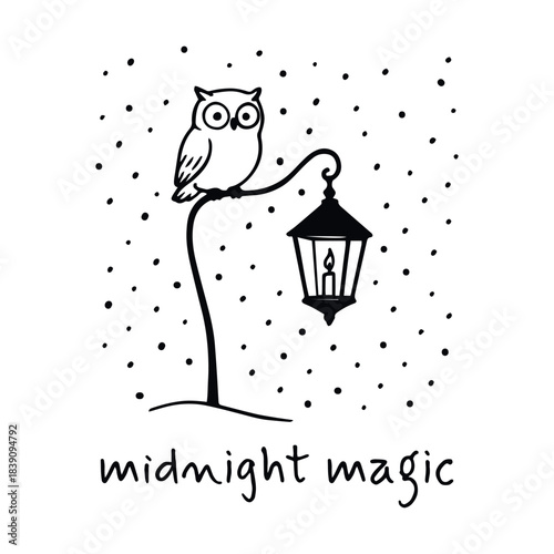 Owl perched by lantern’s glow—midnight magic steeped in hush, wonder, and star-speckled quiet, vector