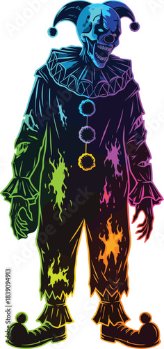 Sinister neon clown illustration, creepy jester character, horror circus theme, surreal gradient costume, eerie smile, Halloween concept, unsettling fantasy art