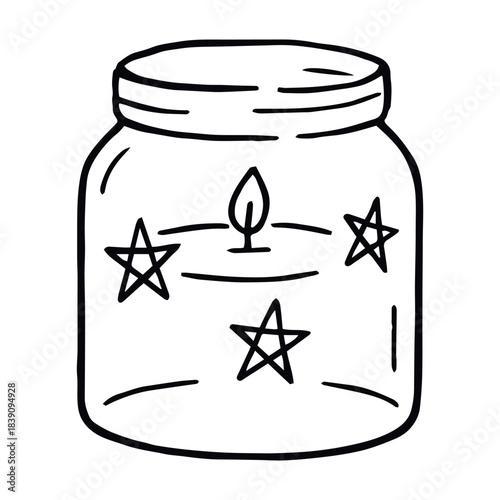 Candle flickering in a jar of stars—soft glow steeped in hush and dreamy winter magic, vector icon
