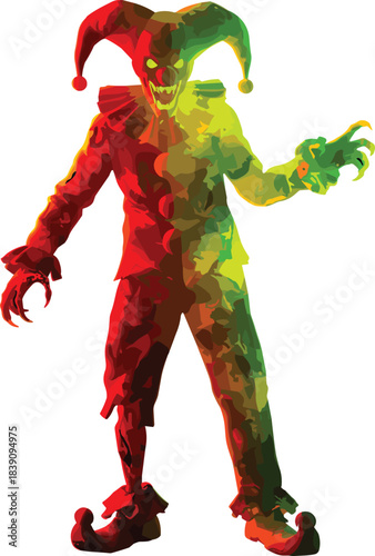 Sinister jester character, glowing green eyes, red green yellow costume, creepy grin, horror fantasy concept, eerie Halloween illustration, stylized clown