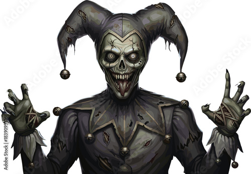 Skeletal jester illustration, horror character design, clawed hands, eerie palm symbols, creepy costume, Halloween monster, fear, menace, nightmare, macabre