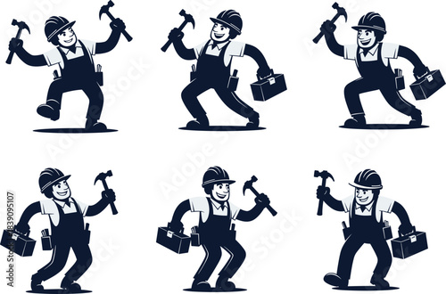Smiling construction worker holding hammer and toolbox, handyman cartoon character design, contractor mascot pose collection - flat vector illustration