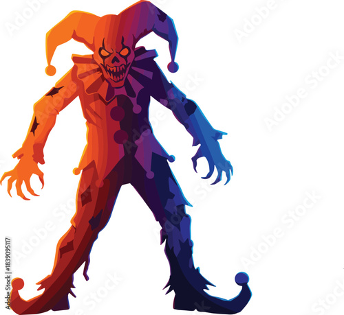 Sinister jester illustration, gradient color costume, creepy grin, horror fantasy character, symbolic clown design, eerie symmetrical artwork, Halloween concept