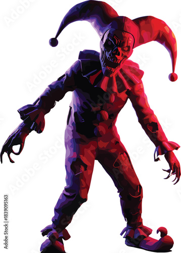 Skeletal jester clown, horror circus character, curved horn hat, creepy costume, Halloween scary mime, eerie lighting, nightmare performer, spooky design