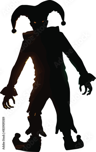 Sinister jester silhouette, glowing eyes, clawed hands, dramatic lighting, horror fantasy character, eerie costume design, Halloween concept, stylized illustration