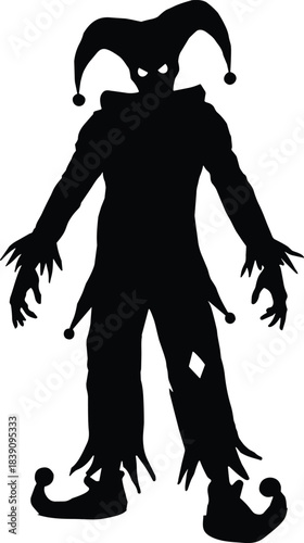 Sinister jester silhouette, glowing eyes, creepy clown figure, horror fantasy costume, eerie character design, Halloween concept, stylized dark illustration