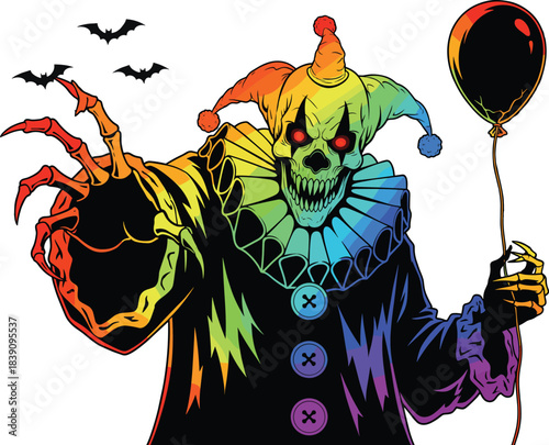 Sinister skeletal clown, glowing red eyes, rainbow costume, creepy balloon, horror fantasy character, surreal Halloween concept, eerie bats, symbolic illustration