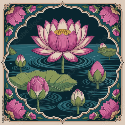 Pechwai Lotus Water Lily Art Design with Sacred Patterns