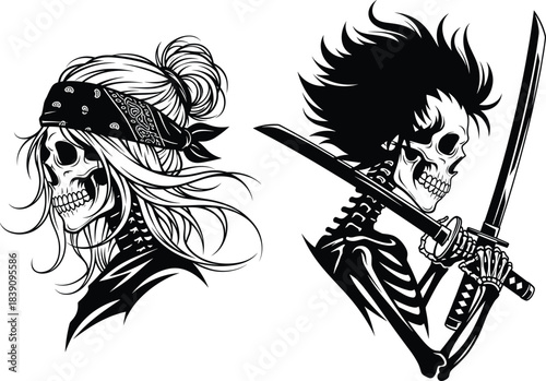 Stylized skeletons, dual katana pose, messy bun, spiky hair, bandana, black and white, punk samurai, fantasy combat, expressive anatomy, gothic art