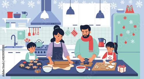 Family baking cookies together in the kitchen during the holidays.