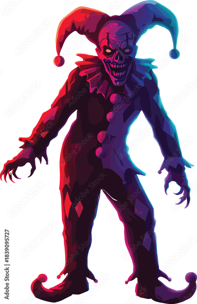 Fototapeta premium Sinister skeletal jester, horror fantasy character, creepy grin, red blue costume, eerie Halloween concept, dramatic lighting, symbolic clown illustration