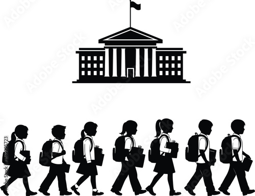 Students walking to school building, children with backpacks, group education concept, school trip, black silhouette vector, academic day start.