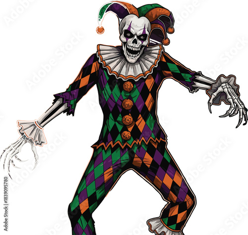 Sinister skeleton jester, colorful diamond costume, eerie grin, clawed hands, horror fantasy character, Halloween concept, stylized circus illustration