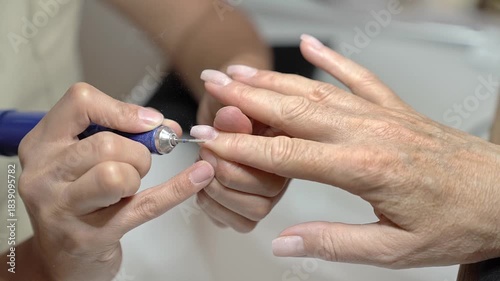 Close-up Manicure Process for Classic French Design With Pastel Tones. Nail treatment with milling cutter