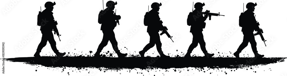 Obraz premium Black and white soldier silhouettes walking in line, military patrol march illustration, armed forces teamwork, army combat operation, battlefield discipline