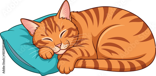 Sleeping cartoon tabby cat, peaceful pet illustration, orange striped fur vector, blue pillow comfort pose, cozy animal character concept