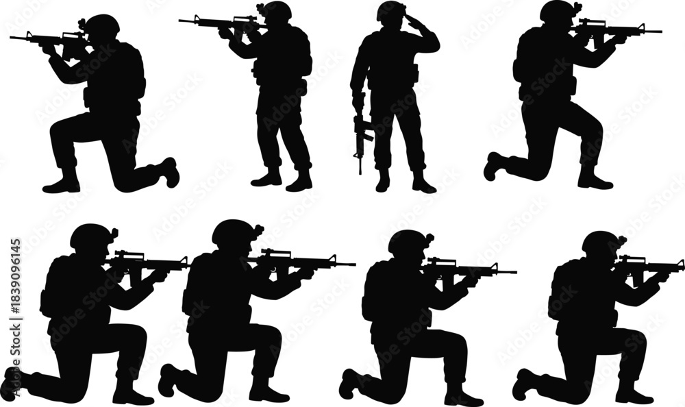 Obraz premium Black and white soldier silhouettes with rifles, military combat poses, tactical army training illustration, kneeling and standing armed forces figures