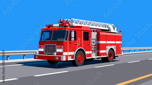 Red fire truck driving on a highway with blue sky background - Concept of road, special vehicles  