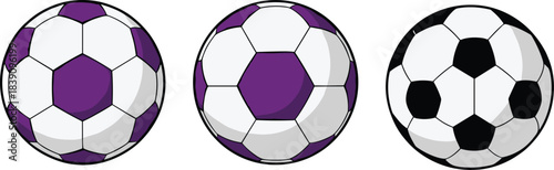 Soccer ball color comparison, purple and black panel variation, football design set, sports branding illustration, visual identity concept