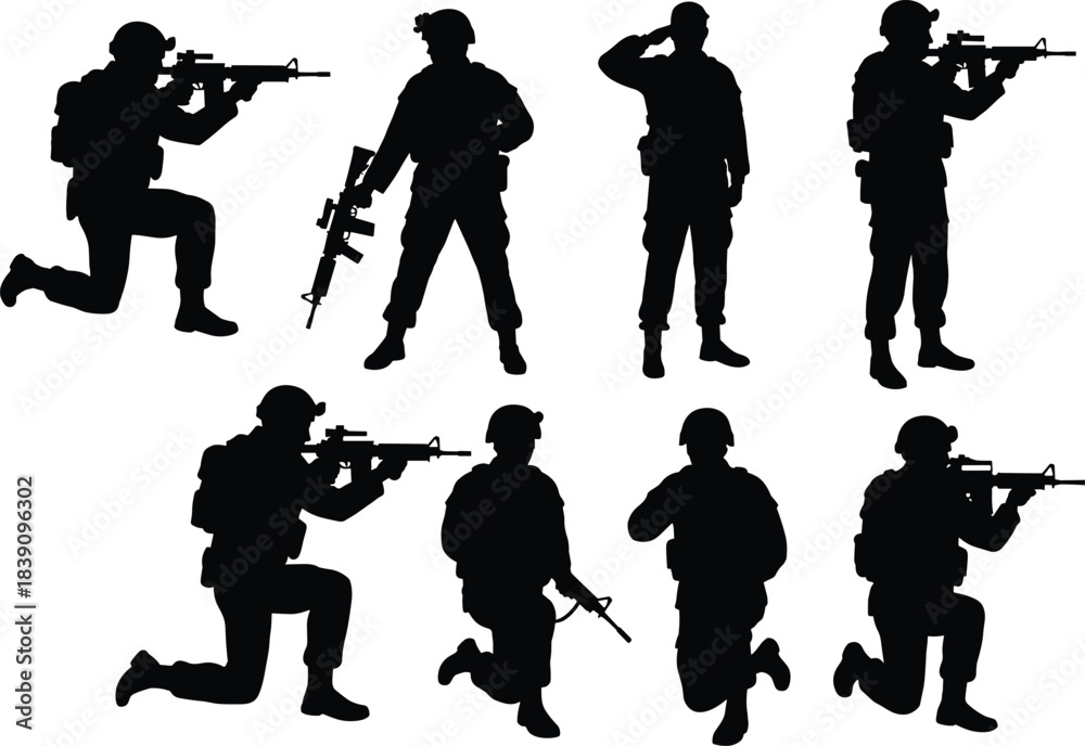 Obraz premium Black and white soldier silhouettes with rifles, military combat stances, tactical army figures illustration, kneeling, standing, saluting, walking armed forces