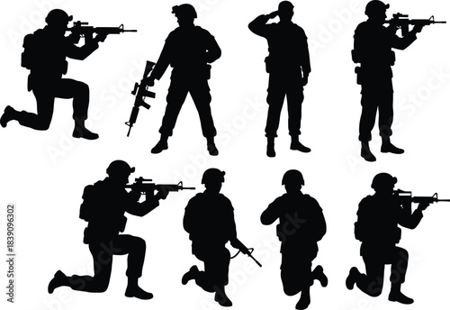 Black and white soldier silhouettes with rifles, military combat stances, tactical army figures illustration, kneeling, standing, saluting, walking armed forces
