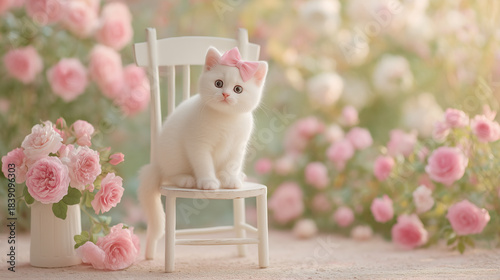 A white cat on a chair in a rose garden.