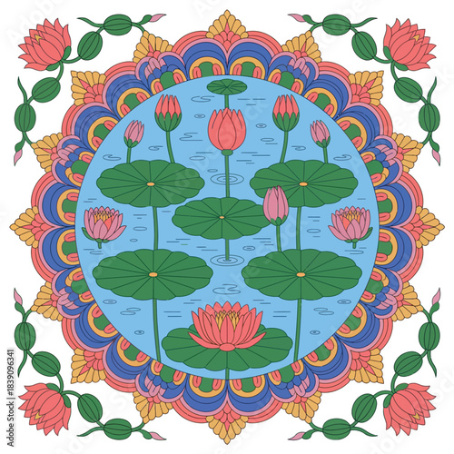 Pechwai Lotus Flower Mandala Folk Art Design