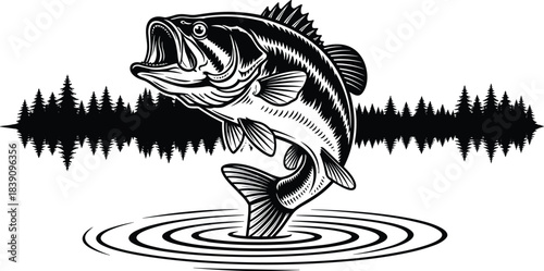 Jumping bass fish illustration with lake water splash, forest background, detailed fishing design for anglers, outdoor sports, wildlife vector artwork