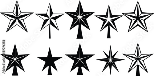 Stylized star silhouettes, geometric ornament icons, festive decoration vector, black graphic design, holiday clipart, symmetrical shapes, vertical base elements