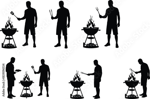 Man grilling barbecue food over hot flames, outdoor cooking silhouette set showing various grill positions, summer BBQ activity vector illustration