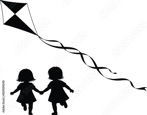 Two little girls holding hands, flying kite, outdoor play, childhood silhouette, fun kids activity, happy summer scene vector illustration