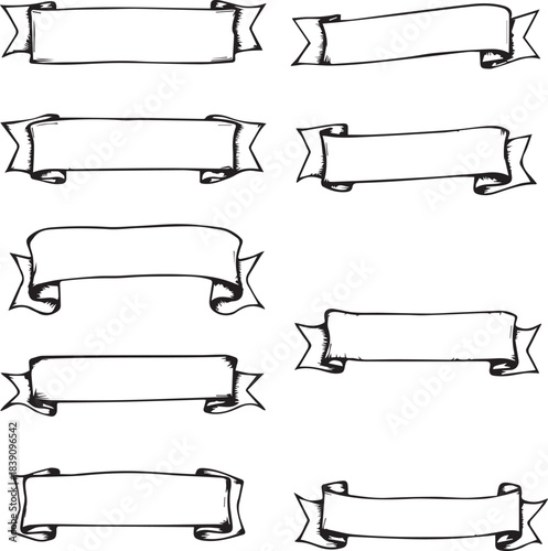 Set of nine hand-drawn ribbon banners in black-and-white sketch style for labels, headings, and decoration