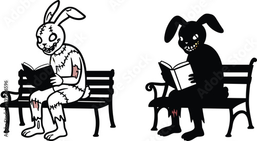 Stitched and sinister rabbits reading on benches, creepy cartoon character duo with hollow eyes and grin, surreal fantasy illustration, eerie contrast