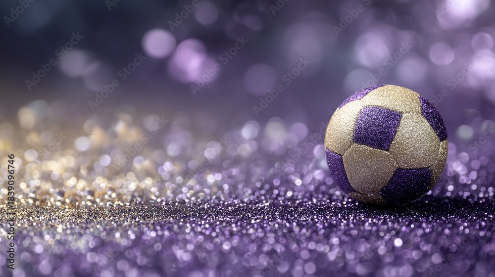 Fototapeta premium A soccer ball with purple and gold accents set on a shimmering, bokeh-filled surface