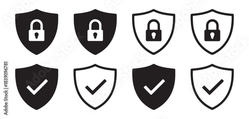 Security shield icon set. Black lock and check mark symbols.