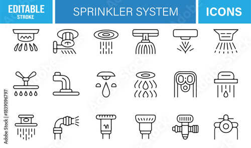 Professional Sprinkler System Icons Featuring Hydro Equipment, Drip Heads, Spray Patterns, Plumbing Elements, and Water Controls