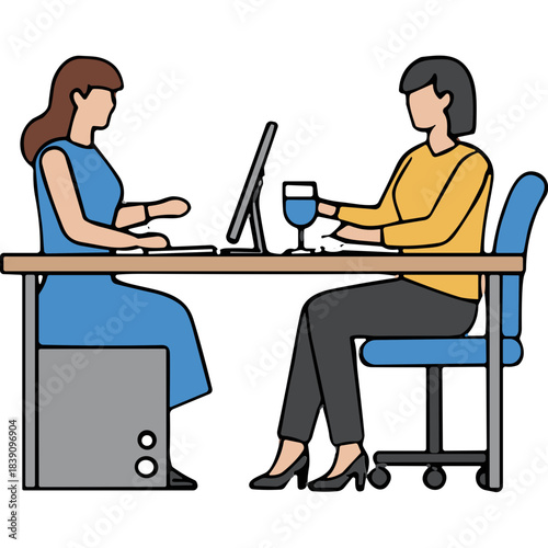 Two women working together at a desk with computers and a computer monitor in a modern office setting with blue chairs and a grey filing cabinet