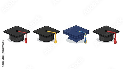 Graduation Cap Set: Four Stylized Mortarboards with Colorful Tassels and Unique Shapes for Bohemian-Inspired Educational UI, Celebration Graphics, and Academic Visual Storytelling