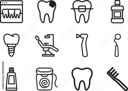 Dental line editable icon set showing teeth care tools, clean outline style ideal for clinic, health and branding.