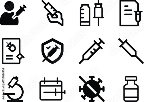 Editable immunization line icon set showing vaccine, syringe, medical protection ideal for healthcare design.
