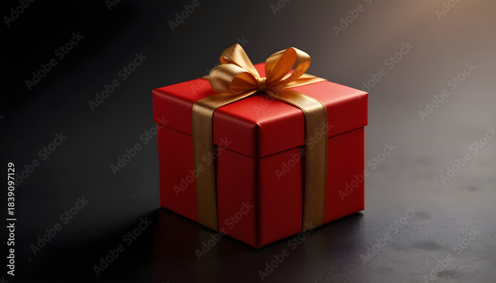 Fototapeta premium red gift box with gold ribbon, isolated on blackbackground, soft spotlight, luxury holiday mood