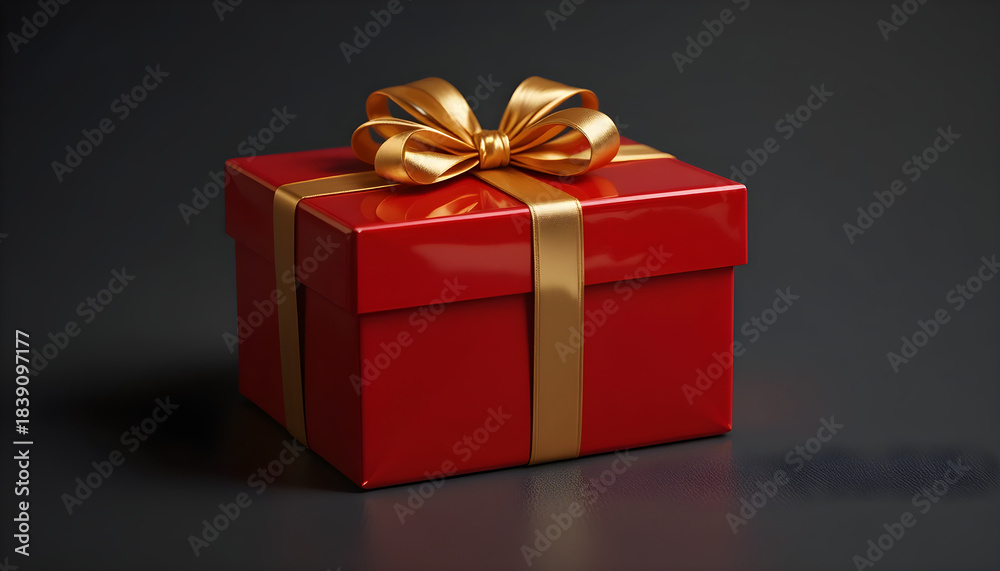 Fototapeta premium red gift box with gold ribbon, isolated on white background, soft spotlight, luxury holiday mood