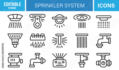 Modern Outline Sprinkler Icon Pack Showing Drip Irrigation, Spray Heads, Pressure Regulators, Faucets, and Fluid Distribution