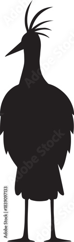 Front view black silhouette of a crested crane or exotic bird isolated on white