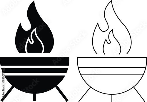 Outdoor fire pit icons set flat, outline styles. Graphic illustration depicting burning wood flame campfire barbecue BBQ grill minimalist silhouette design elements isolated on transparent background.