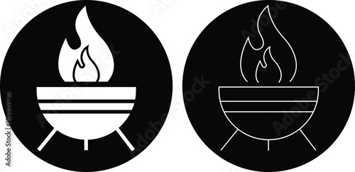 Outdoor fire pit icons set flat, outline styles. Graphic illustration depicting burning wood flame campfire barbecue BBQ grill minimalist silhouette design elements isolated on transparent background.